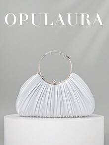 OpulAura 女款金屬質感奢華晚宴包，優雅派對手拿包，低調奢華，閃亮晚宴包，禮服包，適合搭配舞會禮服、派對、婚禮、新娘、伴娘、生日禮服，手持晚宴包，手拿包 - 銀色 - 查看 1