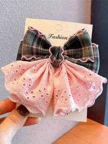 1pc Girls' Autumn/Winter Soft Cute Versatile British Academy Style Dual-Color Plaid Lace Hem Bow Half-Up Hair Clip, Suitable For Matching Clothes, Daily Wear, School Use - Pink - View 6