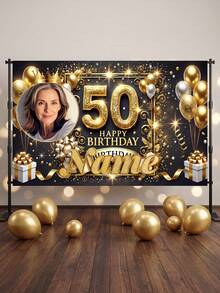 1pc - Customized Happy Birthday Backdrop, Large Size Personalized Birthday Banner Background, Can Print Name And Photo, Customized Black & Gold Theme Printed Poster, Shiny Black Background With Gold Glitter Elements, Celebrate 50th Birthday, Multi-Functional Party Tapestry Home Decor Personalized Birthday Party Customized Photo And Name Poster - Suitable For Party Decoration - Multicolor - View 8