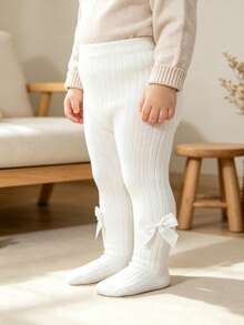 3/1pc Women Baby Bowknot Tights, Spring/Autumn Ribbed Vertical Stripe Leggings, Newborn Infant Princess Style Versatile Elastic Tights - White - View 15