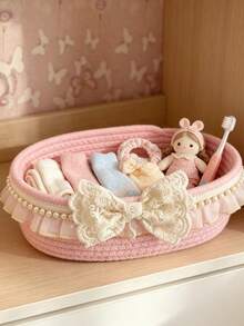 1pc Pink Pearl Bow Storage Basket - Lace Trim And Pearl Bow Baby Supplies Storage Box, Suitable For Girls Room Decor And Baby Daily Items Storage - Multicolor - View 7