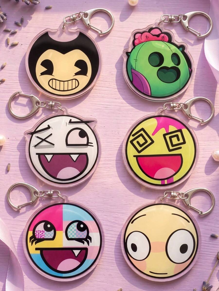 1Pc/6Pcs Bendy And The Ink Machine Cartoon Acrylic Keychain Set, Funny Round Expression Pendant For Backpack, School Bag & Car Keys. - Multicolor - View 1
