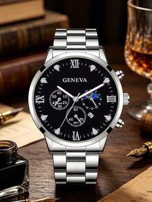 4Pcs Men Fashion Chronograph Quartz Wristwatches, Stainless Steel Band Business Watch, Multiple Colors For Daily & Party Wear - Set - View 4