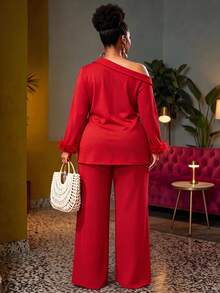 Plus Size Women Elegant Solid Color Dress With Asymmetric Ruffle Hem And Pleated Details, Suitable For Evening Party, Casual And Holiday Wear, Valentine's Day Outfit Spring - Red - View 3