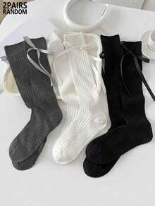 2/3 Pairs Random Black & White Back Bow Ruched Knee-High Socks For Women - Black and White - View 12