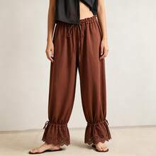 Women Bloomer Pants Drawstring Waist Eyelet Lace Cuff Cozy Harem Trousers - Light Brown - View 1