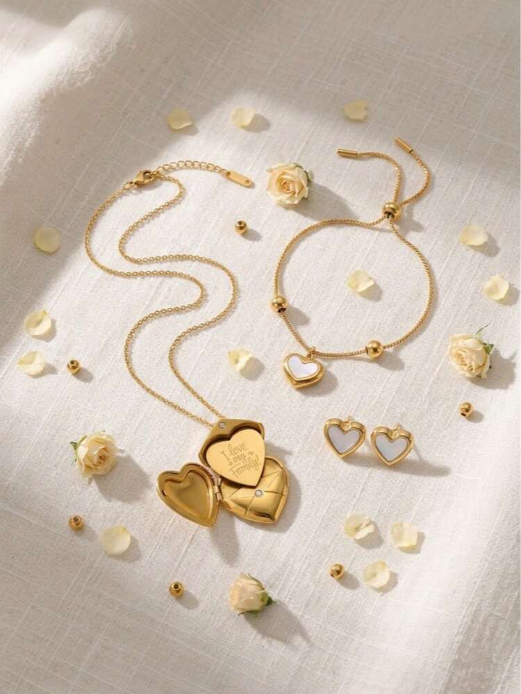 Camhanno 4pcs Gold Heart Jewelry Set, Envelope Pendant Necklace, MOP Heart Bracelet, Beaded Stud Earrings, Family Love, Women's Daily & Party Accessories - Multicolor - View 3