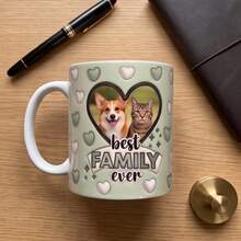 Customizable Green Pet Photo Ceramic Mug 11oz With Pink Heart Design, Best Family Coffee Cup, Personalized Gift For Dog And Cat Lovers - Green - View 4