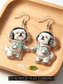 Boucles d'oreilles pendantes en acrylique 2D plates créatives et mignonnes avec chiot écoutant de la musique, chien adorable portant un casque, accessoire polyvalent pour assortir au quotidien - Chien avec casque audio - Voir 8