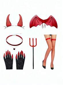 9pcs/Devil Costume Set, Women's Devil Queen Accessories, Halloween Devil Party Props, Red Devil Horn Headband, Bat Wings, Devil Trident, Heart-Shaped Collar, Red Long Leg Fishnet Stockings, Halloween Cosplay Outfit, Carnival Costume Supplies - Multicolor - View 1
