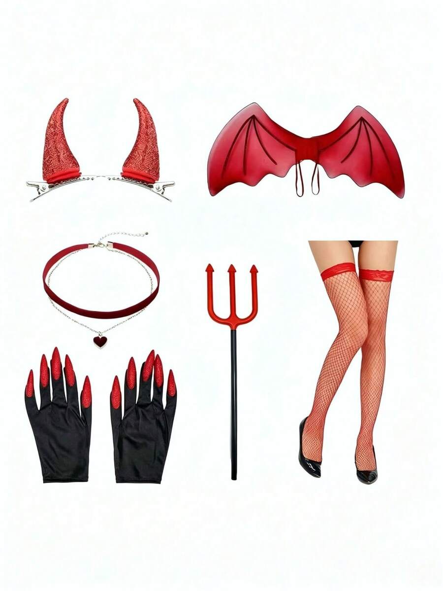 9pcs/Devil Costume Set, Women's Devil Queen Accessories, Halloween Devil Party Props, Red Devil Horn Headband, Bat Wings, Devil Trident, Heart-Shaped Collar, Red Long Leg Fishnet Stockings, Halloween Cosplay Outfit, Carnival Costume Supplies - Multicolor - View 1