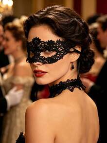 2pcs Sexy Lace Eye Mask & Lace Choker Set, Mysterious Venetian Masquerade Style Mask, Suitable For Carnival And Halloween Party Costumes - Eye Mask + Collar - View 3