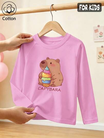 Girls Cotton Raglan Long Sleeve Tee For Fall/Winter, Cartoon Cute Capybara With Ice Cream Print, Sweet Preppy Style