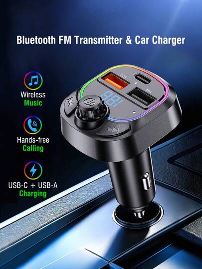 REMAX Bluetooth FM Transmitter & 15W Car Charger, USB-C & USB-A Dual Charging, Bluetooth & USB Drive Music Playback, Hands-Free Calls, Auto Reconnect, 7-Color Ambient Light, Type-C Charger, IPhone Charger, Car Accessories, Car Essentials, Car Stuff
