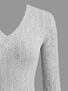 Women's Ribbed Knit V-Neck Long Sleeve Cropped Top, Fashionable Knit Winter Blouse, Comfortable For Daily Wear As Inner Layer Or Outerwear - Grey - View 9