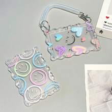 Cute Smile & Heart Pattern Transparent Acrylic Wavy Edge ID Card Holder With Spring Ring Wrist Strap, Suitable For Student Campus Card, Meal Card, Metro, Bus And Elevator Card, Card Holder Protective Case, Bag Decoration - Multicolor - View 9