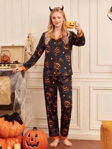 Notgurli 4-Piece Couples' Set: Women's & Men's Halloween Pajamas Button-Front Loungewear Fun Comfortable Pumpkin-Print Loungewear For Autumn/Winter - Multicolor - View 5