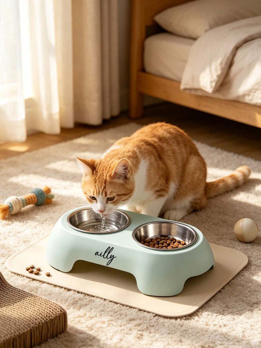 2-In-1 Cat Feeder & Water Dispenser - Dual Bowl, Easy-Clean Pet Food & Water Dispenser With Cute Cat Design, Multiple Colors For Healthy Cat Diet, Cat Feeder And Water Dispenser, Playful Design, Durable Plastic - Multicolor - View 1