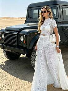1pc Solid Color Lace Hollow Out Long Pants For Date Autumn - White - View 7