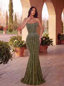 ADYCE Women's Handmade Nail Bead Hot Stamping, Strapless, High Waisted, Backless Tie And Floor Party Dress For Prom Birthday Party Evening Date Homecoming - Army Green - View 7