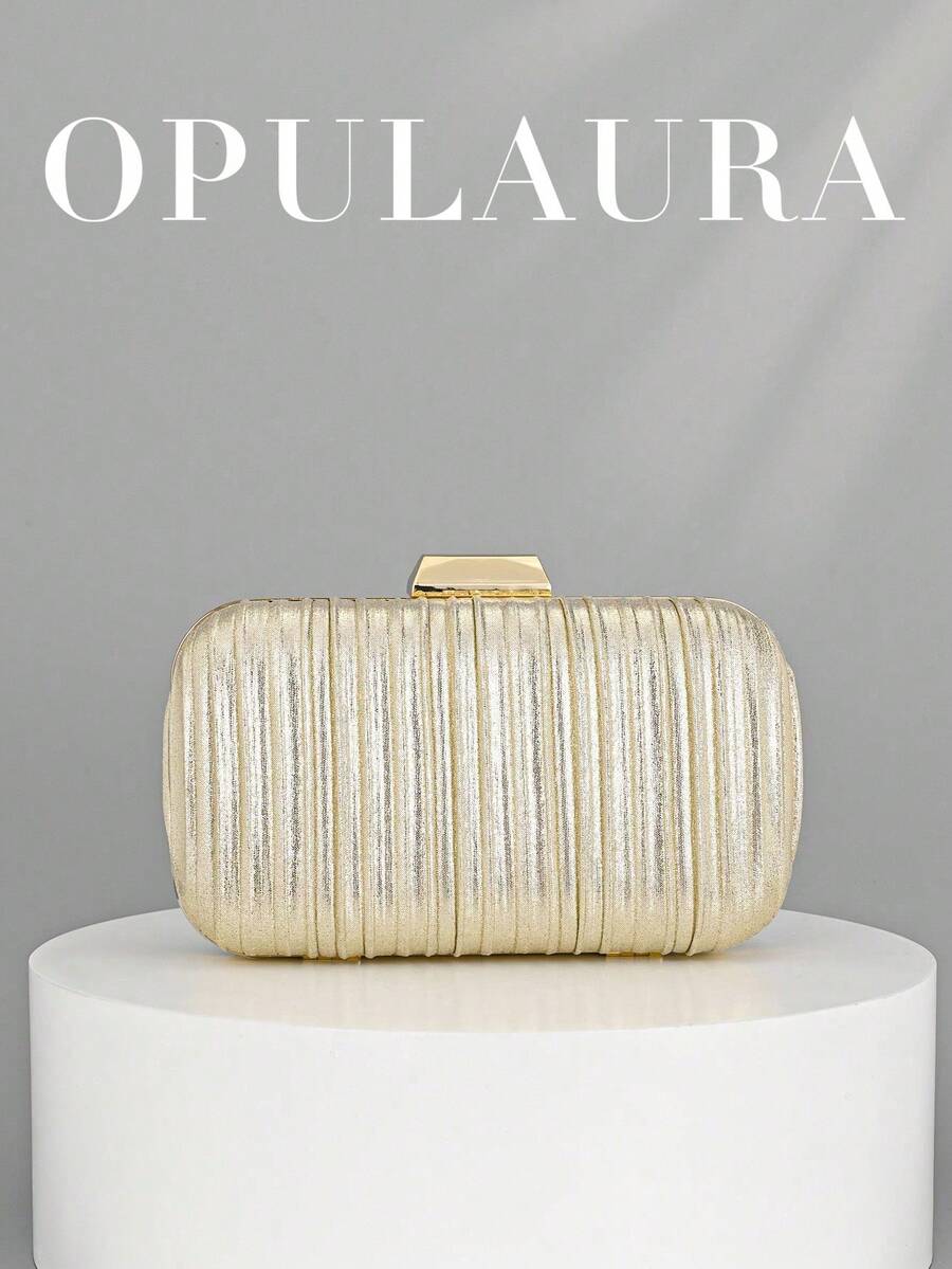 OpulAura One 复古优雅缎面宴会手拿包,褶皱设计时尚晚礼服钱包,迷人精致的正式派对手提包,高端盒式迷你包,适合派对/婚礼/正式场合晚宴,配有可拆卸肩链 - 金色 - 查看 1