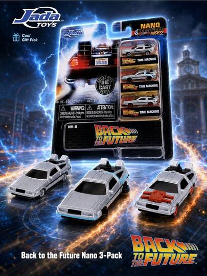 Jada Toys Back To The Future Nano Holly-Wood Rides 3 Packs Kendaraan Mini Mesin Waktu Die-Cast, Model Mobil Film DeLorean, Koleksi Film Sci-Fi Klasik, Mobil Pajangan Logam Detail, Ornamen Koleksi untuk Penggemar Film, Ide Hadiah Ulang Tahun dan Natal