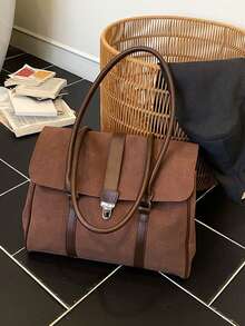 女款 Satchel 手提托特包，純色麂皮 PU 拼接材質，金屬鎖扣，長頂部手柄，大容量，復古風，適合辦公工作與日常通勤 - 咖啡 - 查看 11