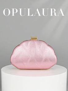 OpulAura Women's Minimalist Shell Box Shaped Luxury PU Leather Evening Clutch Bag, Elegant And Charming Evening Bag, Sparkling Evening Clutch For Women, Cocktail Bag, Formal Party Bag, Romantic Wedding Clutch With Chain - Pink - View 1