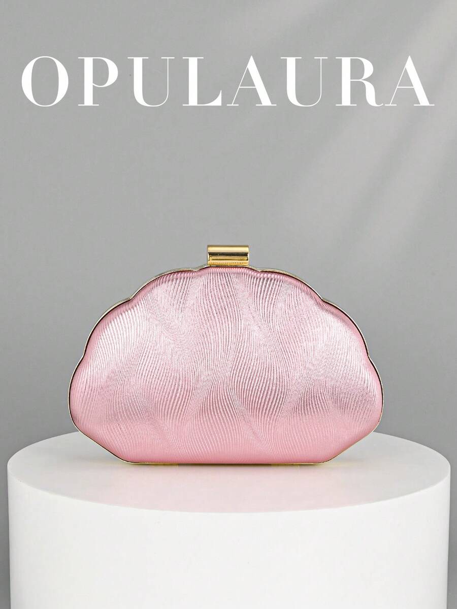 OpulAura Women's Minimalist Shell Box Shaped Luxury PU Leather Evening Clutch Bag, Elegant And Charming Evening Bag, Sparkling Evening Clutch For Women, Cocktail Bag, Formal Party Bag, Romantic Wedding Clutch With Chain - Pink - View 1