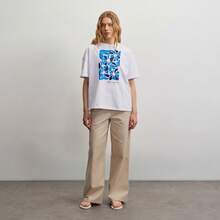 Oversized T-Shirt Crew Neck Short Sleeve Abstract Floral Print Blue Soft Cotton Casual Streetwear - White - View 2