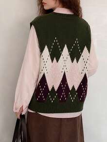 Women's Casual Minimalist Retro Diamond Pattern V-Neck Pullover Vest, Autumn/Winter - Dark Green - View 2