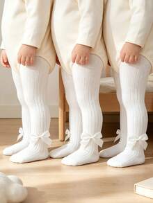3/1pc Women Baby Bowknot Tights, Spring/Autumn Ribbed Vertical Stripe Leggings, Newborn Infant Princess Style Versatile Elastic Tights - White - View 22