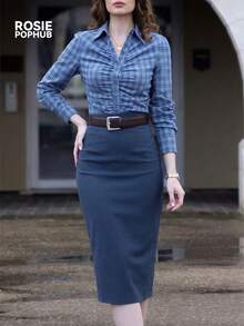 ROSIE POPHUB 女款藍色格紋領長袖襯衫 前胸抓皺開襟設計 優雅返校辦公通勤上衣 秋冬款 - 藍色 - 查看 4