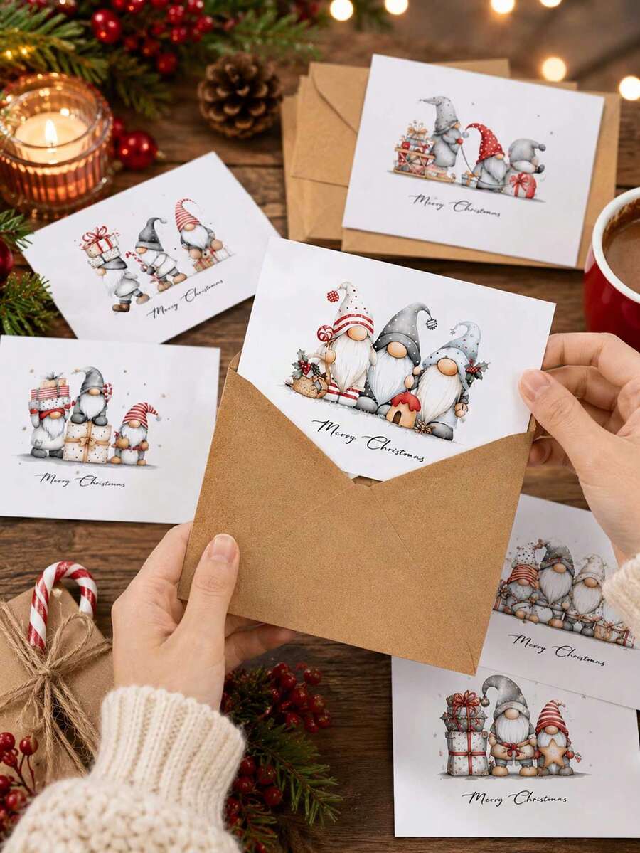 12pcs - Santa Claus Envelope Card Set, Christmas Dwarf Cards And Envelopes, Cowhide Envelopes, Suitable For Christmas Parties, Party Decorations, Birthdays, Invitations, Emails, Office Supplies, Party Gifts, And Daily Use, - View 1