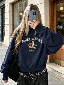 Women's New Autumn Crew Neck Sweatshirt Pullover Top Streetwear Jacket For Autumn/Winter Airport Travel Campus Style - Navy Blue - View 2