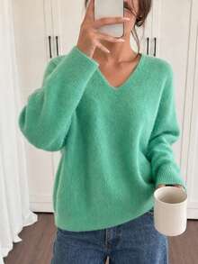 Green V Neck Drop Shoulder Long Sleeve Soft Knit Pullover Women Elegant French Casual Daily Commute Halloween Christmas New Year Fall Winter Vacation - Green - View 6