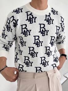 1pc Boys' Cool Personalized Vintage Letter Print Pullover Sweater, Autumn/Winter - White - View 4