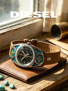 DIESEL Vintage Distressed Watch With Turquoise Star Decor, Brown Wide Leather Strap, Unique Niche Wristwatch - Black - View 2