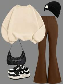 2pcs Girls Sweatshirt + Flare Pants Set, Gold Cherry Print, Soft Fabric, Sweet Casual Daily Outfit - Apricot - View 3
