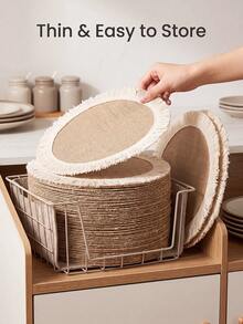 12pcs Natural Jute Tassel Placemats, Rustic Style Round Vase Mats, Washable, Easy To Clean, Wipeable, Non-Slip, Heat Resistant, Suitable For Room Decor, Dining Table Decor, Home Decor, Party Decor, Suitable For Holidays, Parties, Gatherings, Birthdays, Weddings, Gifts, Presents, Dinner, Outdoor, Picnic - Multicolor - View 7