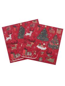 100PCS/Set Christmas Tree Print Napkins, Festive Red Print Napkins With Christmas Tree And Reindeer Pattern, Perfect For Christmas Holiday Party Table Decor, Hotel Table Decor, Restaurant Holiday Party, Home Table Decor, Christmas Oil Painting Style - Multicolor - View 7