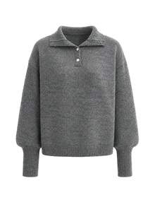 Women's Casual Regular Fit Dark Gray Notch Lapel Dropped Shoulder Metal Button Half-Placket Knit Sweater, Solid Color Top, Suitable For Social Outings, Autumn/Winter - Dark Grey - View 7