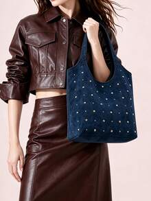 Dedoo Women Suede Hobo Tote Shoulder Bag, Navy Blue Silver Rivet Decor, Wide Strap, Large Capacity, Vintage Y2K Purse For Women Daily Street Shopping Work - Blue - View 3
