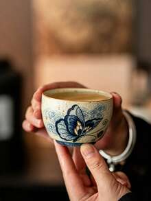 1pc/2pcs/4pcs Vintage Blue And White Butterfly Ceramic Tea Cup, Exquisite Hand-Painted Butterfly And Auspicious Cloud Espresso Cup, Home Tea Drinking Master Cup, Kung Fu Tea Set Single Cup, Gift, Combination Pack, Party/Guest Set - Multicolor - View 5