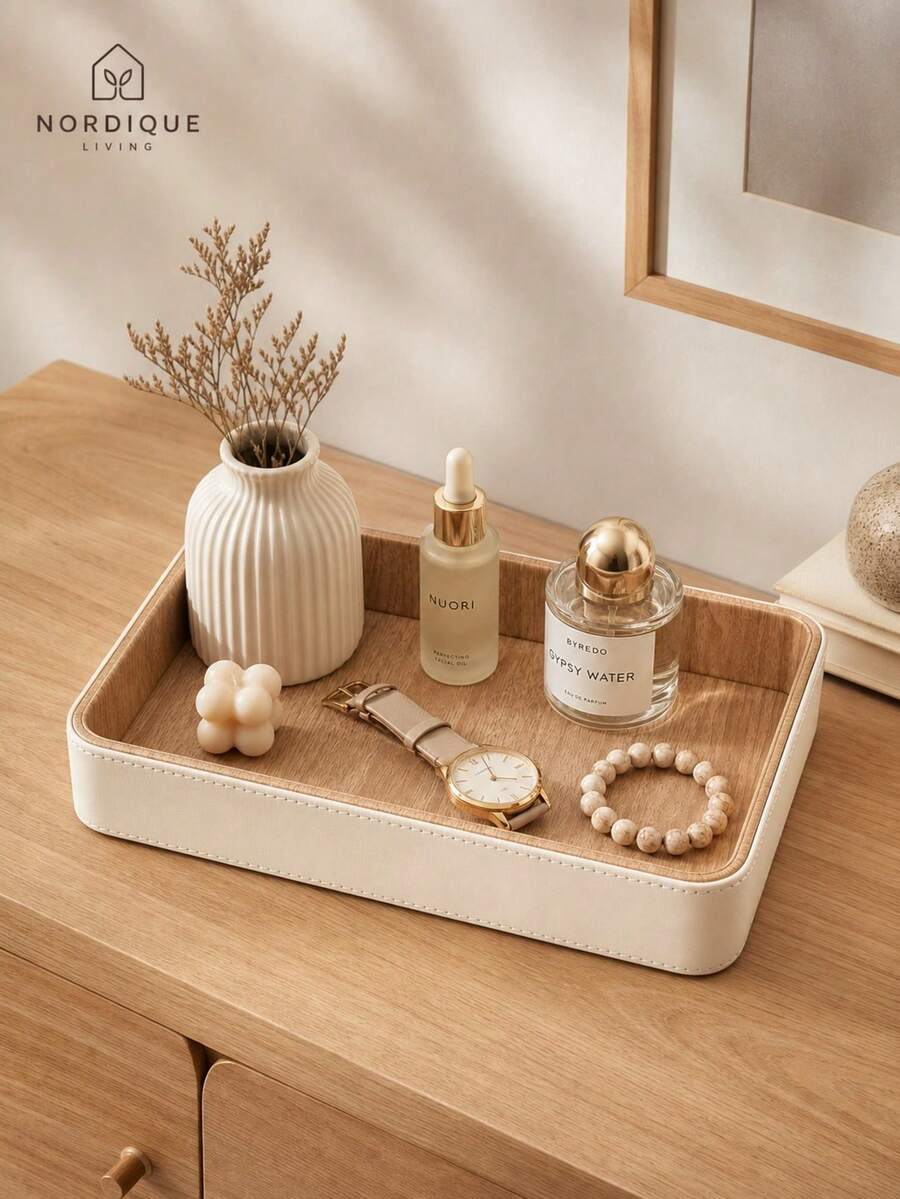 1pc Round Wooden & Faux Leather Decorative Tray, Minimalist Storage Tray, Suitable For Coffee Table, Vanity, Bedroom, Living Room, Bathroom Home Decor - Multicolor - View 1