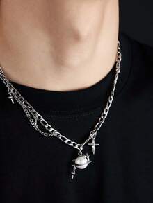 1pc Starburst Geometric Pearl Necklace, Niche Design Layered Double-Strand Fashion Choker For Men And Women - Multicolor - View 2