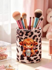 Leopard Print Highland Cattle Makeup Brush Holder, Makeup Storage Box, Makeup Tool Storage, Multifunctional Makeup Holder, Leopard Print Cute Storage Box, Desktop, Dressing Table, Lobby, Living Room Decoration, Gifts For Friends - Multicolor - View 4