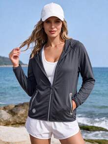 Women's Outdoor Sports Jacket, Lightweight Zip-Up Hooded Jacket For Spring And Summer, Suitable For Hiking And Outdoor Activities - Dark Grey - View 2