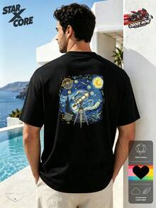 Starry Night Telescope Astronomy Science Graphic Vintage Summer Fitted Cotton Short Sleeve Tee, Men Outdoor Travel Casual Wear - Black - View 1