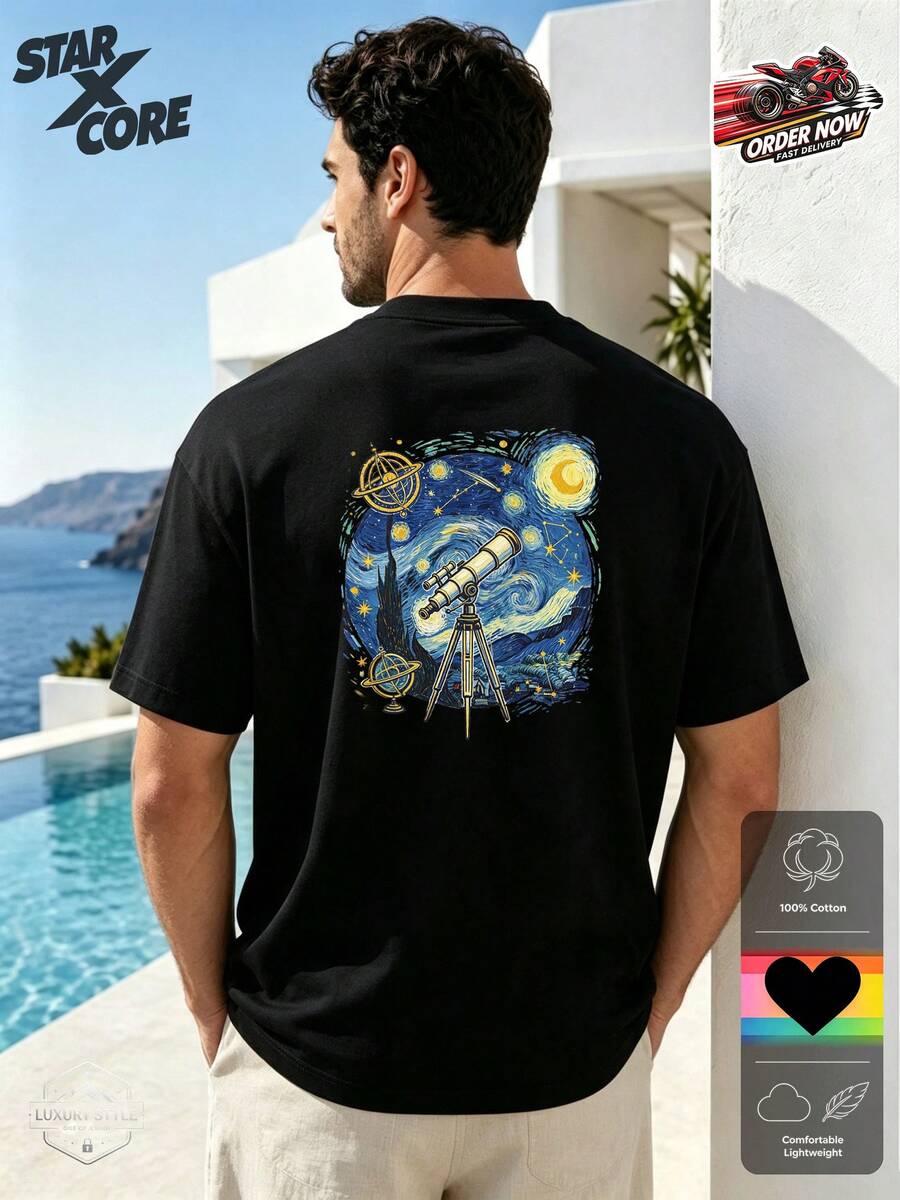 Starry Night Telescope Astronomy Science Graphic Vintage Summer Fitted Cotton Short Sleeve Tee, Men Outdoor Travel Casual Wear - Black - View 1